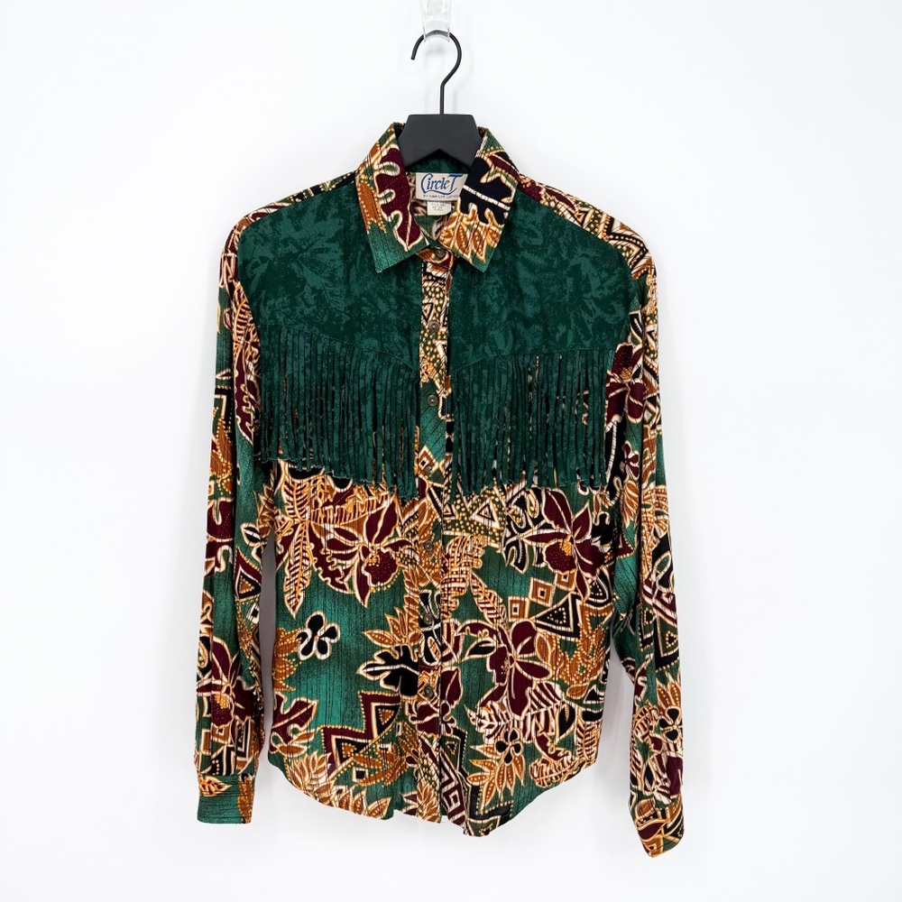 Vintage Circle T Western Fringe Abstract Floral Print Button Down Blouse Medium